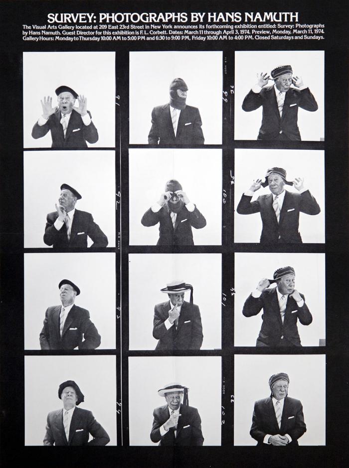 Posters depicts: Twelve photos of the artist wearing hats and making funny faces