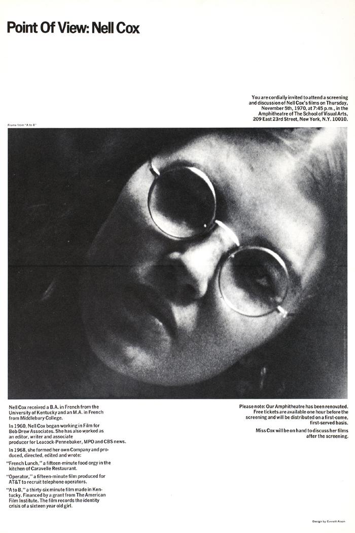 Posters depicts: black and white photo portrait of Nell Cox wearing glasses, positioned on a diagonal