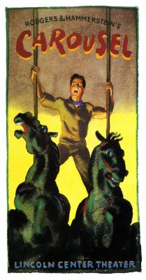 Posters depicts: Watercolor painting of a man yelling, and standing on the backs of two carousel horses 