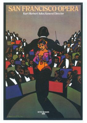 Posters depicts: Carmen depicted on the back of a conductor in front of an orchestra