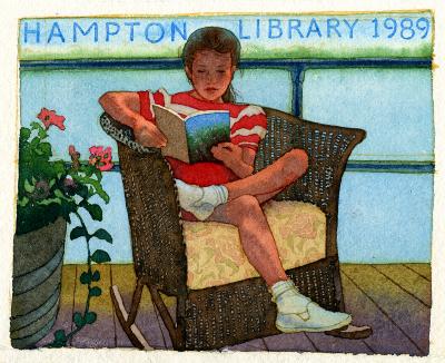 Posters depicts: Three quarters view of a girl in a red shirt sitting in a patio chair on a porch with her legs crossed reading a book. There is a large pot with flowers in it to the left of the image.