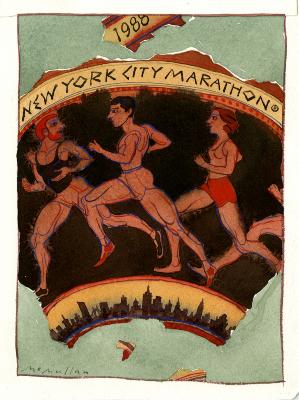 Posters depicts: A fragment of pottery with three runners running across it that resemble ancient Greek pottery with a strip of the New York City skyline below the runners' feet and a banner that reads "New York City Marathon" in ancient Greek looking letters.