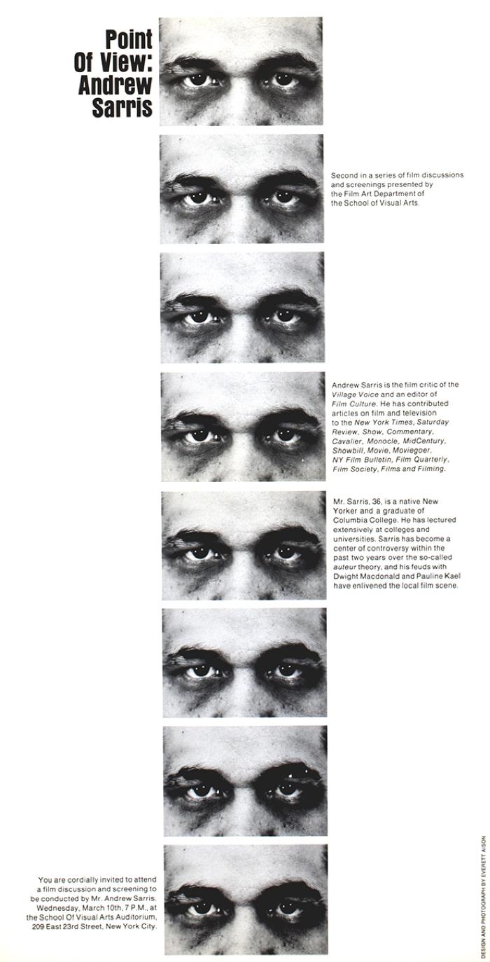 Posters depicts: stack of rectangles containing Andrew Sarris' eyes and nose
