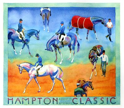 Posters depicts: Birds eye view of seven horses in different positions with jockeys either riding or leading them. The horse in the upper right corner has a red blanket over its back and has the least formally dressed jockey leading it.