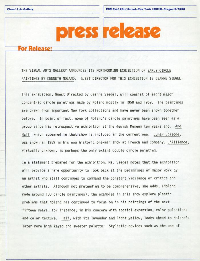 Press Releases depicts: Typewritten description of exhibition