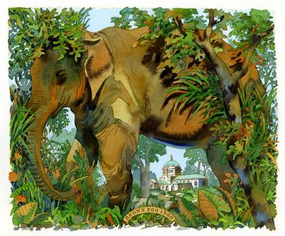 Posters depicts: Illustration of a side view of an elephant facing the left surrounded by green foliage, and a building can be seen in the distance in the space between the front and back legs of the elephant.