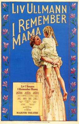 Posters depicts: A woman in three quarters view facing the right holding up a young girl who is facing the woman. The woman is smiling and the girl's face cannot be seen, with both wearing white dresses and the background being light blue with a flower pattern on the right and left side of the image and text at the top.