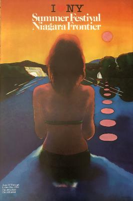 Posters depicts: Back view of woman wearing bikini sitting on a dock