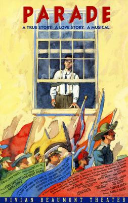 Posters depicts: Front view of a man in business casual clothes and glasses looking through a half opened window at a parade of men with flags walking to the right of the image in the foreground.
