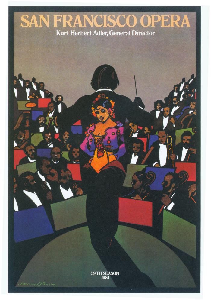 Posters depicts: Carmen depicted on the back of a conductor in front of an orchestra