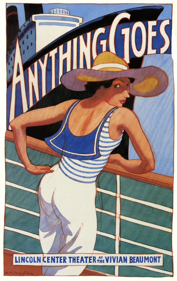 Posters depicts: Birds eye view of a back view of a woman in the foreground leaning on a railing overlooking the sea in a sunhat with her head turned over her right shoulder. There is a large ship in the background with the title text across the ship.