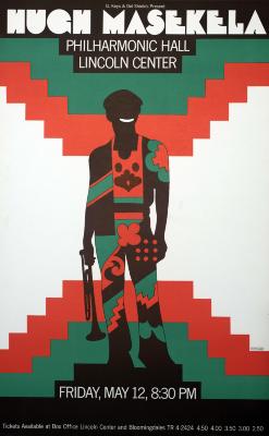 Posters depicts: Hugh Masekela in red, gree, and brown clothing in front of red and green ziggurats