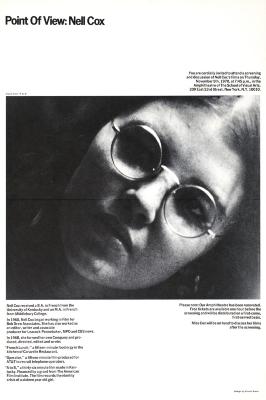 Posters depicts: black and white photo portrait of Nell Cox wearing glasses, positioned on a diagonal