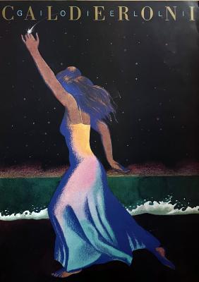 Posters depicts: Woman running on the beach, one arm reaching to the sky