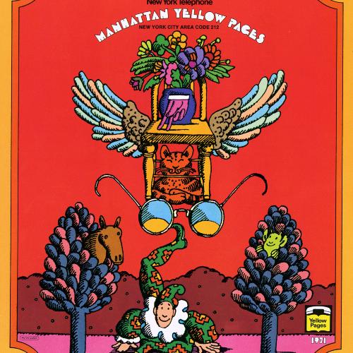Book Covers depicts: psychedelic illustration of a clown on the ground balancing eye glasses, a cat, a winged chair and a vase with flowers on its foot.