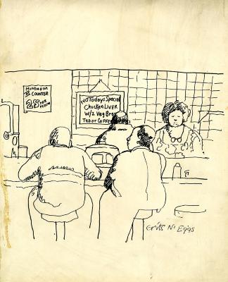 Original Art depicts: Sketch of two diners at a lunch counter