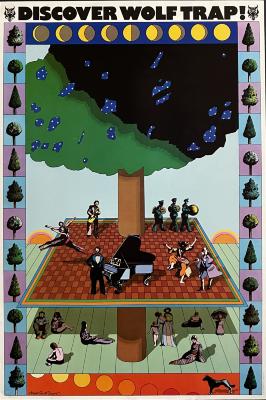 Posters depicts: A tree with a checkerboard around the middle of its trunk. On top of the board are musicians and dancers. Below, people stand and sit on the grass.