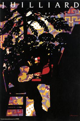 Posters depicts: Pianist in front of tree, painting over colorful background