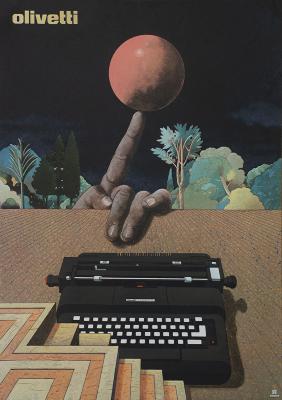 Posters depicts: typewriter with finger balancing ball on tip