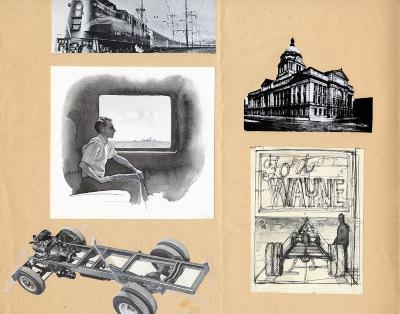 Original Art depicts: Five images arranged on the page in 2 vertical columns with three images on the left and two on the right. The top and bottom images of the left column are photographs of a train and of a 4 wheeled contraption with the middle image being a sketch of a man looking out a window inside a vehicle. The right column has the top image of a photograph of a large fancy building and the bottom image has a sketch of a man on the right standing next of a large 4 wheeled base of a car with text at the top of the image.