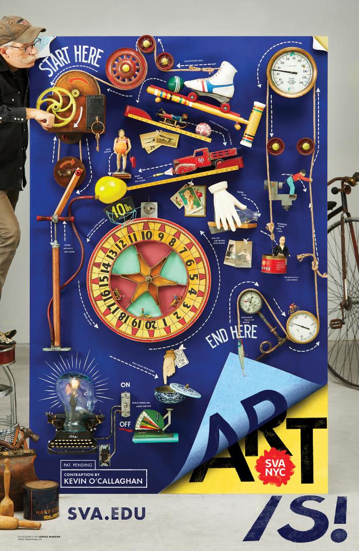 Posters depicts: Man operating giant Rube Goldberg Machine
