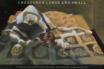 Posters depicts: Woman in bed under the covers. On top of the covers are a rabbit and a cat, who stare at the viewer.