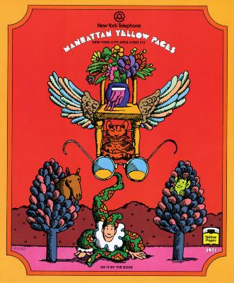 Book Covers depicts: psychedelic illustration of a clown on the ground balancing eye glasses, a cat, a winged chair and a vase with flowers on its foot.