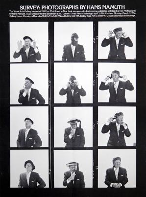 Posters depicts: Twelve photos of the artist wearing hats and making funny faces