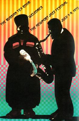 Posters depicts: A saxophonist in silhouette next to a man in Russian clothing who's pouring vodka into his saxophone.