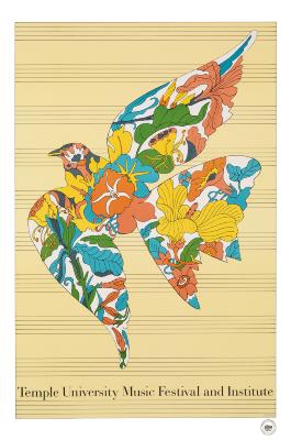 Posters depicts: Silhouette of a flying bird over a music staff. The outline of the bird is filled in with colorful flowers.