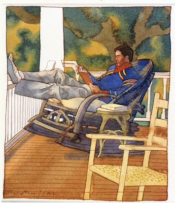 Serial Publications depicts: Illustration of a side view of a man in a blue shirt sitting on a fancy rocking chair on a porch with his feet propped up on a railing reading a book. There a second more plain rocking chair in the foreground and trees in the background, as well as a small table with another book on it next to the rocking chair the man is sitting in.