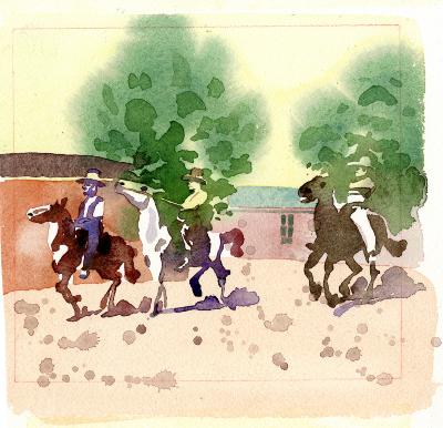 Original Art depicts: Illustration of three men riding different colored horses going to the left, with trees and a house in the background.