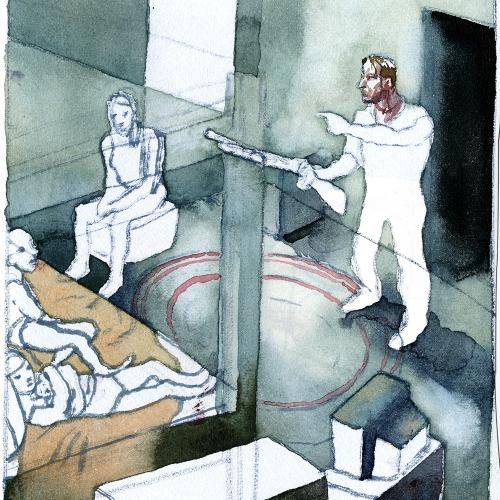 Original Art depicts: Sketch of a birds eye view of a living room with a man on the right pointing his finger and a rifle at a boy sitting in the left. There is another child sitting next to the boy and a woman sitting on a box to the side.