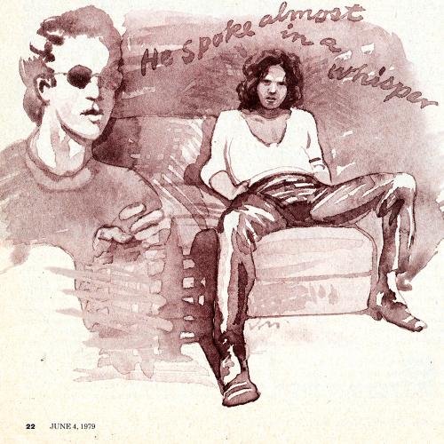 Serial Publications depicts: Illustration of a person in a front view sitting with their legs open and their hands in their pockets on a couch to the right of the image and a bust of a man wearing sunglasses to the left of the image.