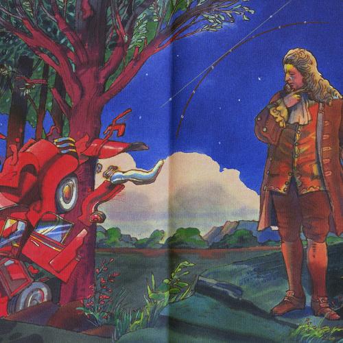 Booklet/Brochure depicts: colonial era man looking at crashed car