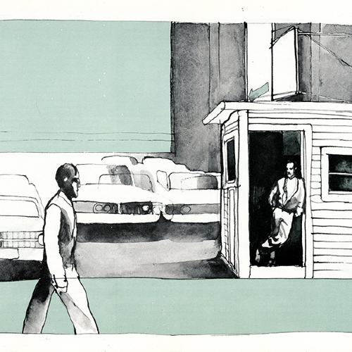 Serial Publications depicts: Man walking in side view facing the right in the middle of the image with front views of cars in the background. To the right of the image there is a small house with the door open and a front view of a man leaning against the doorframe.