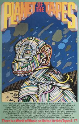 Posters depicts: Silhouette of an ape wrapped in colorful tape from a cassette.