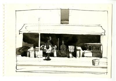 Original Art depicts: Loose sketch of a person in side view in the middle left of the image walking down a street and passing by a store front with a front view of another person in the middle of the storefront. There is a trashcan on the street to the right of the image.