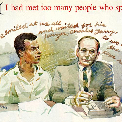 Serial Publications depicts: A front view medium shot of two men sitting next to each other. The man on the left is dressed casually and looking to the man on the right who is older and wearing a suit and resting his hands on a small box on a table. There is text above.