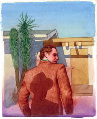 Original Art depicts: A house in the background and a medium shot view back view of a man in a brown suit, who's head is turned around. There is a shadow of a man in a hat on the man's back.