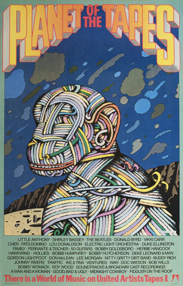 Posters depicts: Silhouette of an ape wrapped in colorful tape from a cassette.