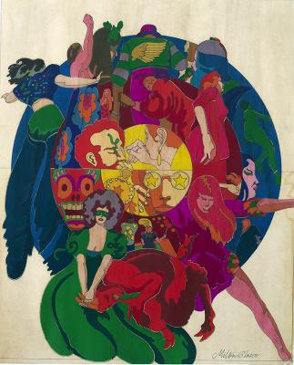 Original Art depicts: Layered illustration in a colorful psychedelic style of people standing and reaching