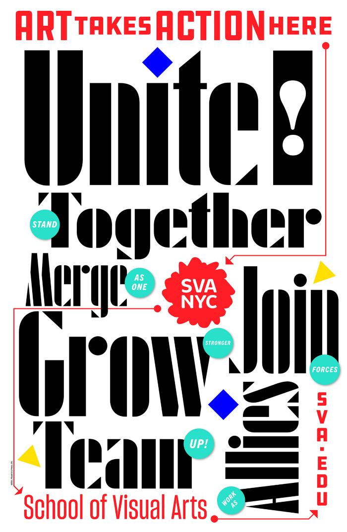 Posters depicts: SVA subway poster with action words including Unite, Merge, Grow and Join.