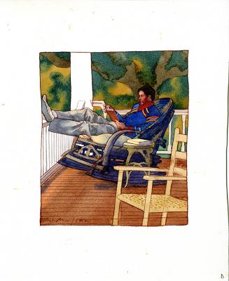 Original Art depicts: Illustration of a side view of a man in a blue shirt sitting on a fancy rocking chair on a porch with his feet propped up on a railing reading a book. There a second more plain rocking chair in the foreground and trees in the background, as well as a small table with another book on it next to the rocking chair the man is sitting in.