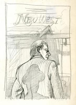 Original Art depicts: Sketch of a house in the background and a medium shot view back view of a man in a suit, who's head is turned around. There is a shadow of a man in a hat on the man's back.