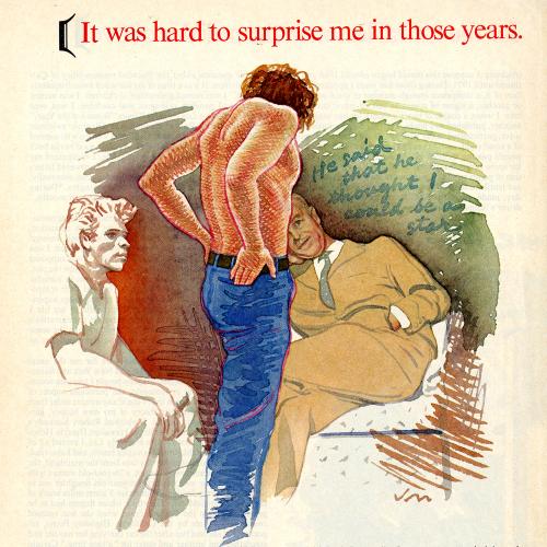 Serial Publications depicts: Illustration of the back view of a man in only blue jeans, with two men on either side of the first sitting down and looking at the first man.  The man sitting down on the right is wearing a yellow suit and the other on the left is wearing business casual but is not colored in.
