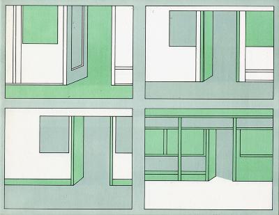 Serial Publications depicts: Four illustrations arranged in a 2x2 square, each containing a different drawing of a storefront that is drawn entirely with perfect rectangles. There doors to all the storefronts are open and the image is only drawn with light grey, light green, and white.