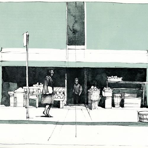 Serial Publications depicts: Woman holding a tote bag in side view walking to the right down a street with a grocery store on the street. Inside the grocery store door is a front view of a man, and there is a trashcan to the right of the image on the sidewalk.