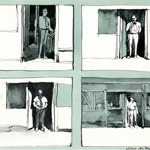 Serial Publications depicts: Four separate sketches arranged in a 2x2 square of front view of men in a doorway slightly to the right of the image looking out at the sidewalk in front of them. They are all dressed in business casual clothing.