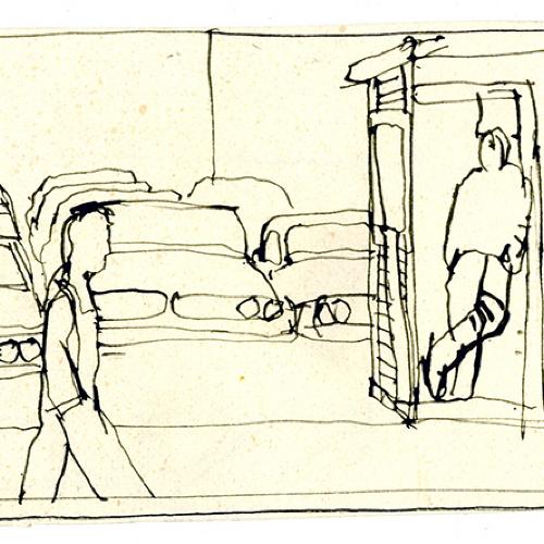 Original Art depicts: Loose sketch of a person in side view walking across a street with cars in a front view in the back of the image. To the right of the image there is another person in front view leaning against a structure.